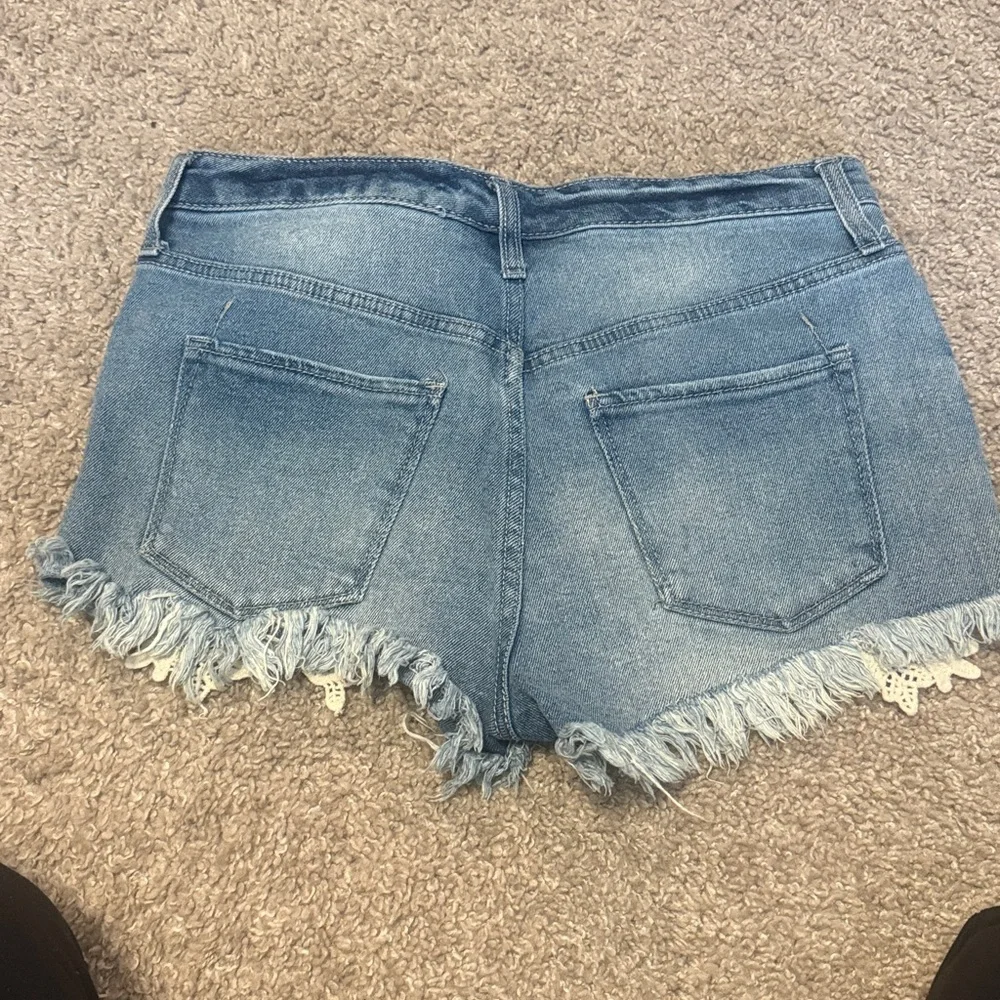 Mossimo Supply Co. Distressed Blue Jean Shorts with Cream Lace. High rise - Picture 3 of 4